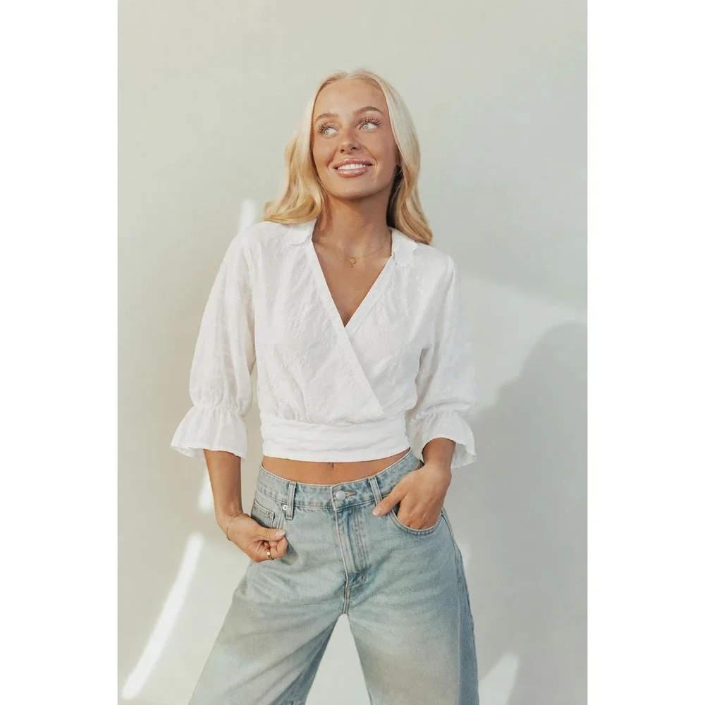Anthropologie White Gauze Wrap Top Sz S 3/4 Puff Sleeve Collared Light Romantic